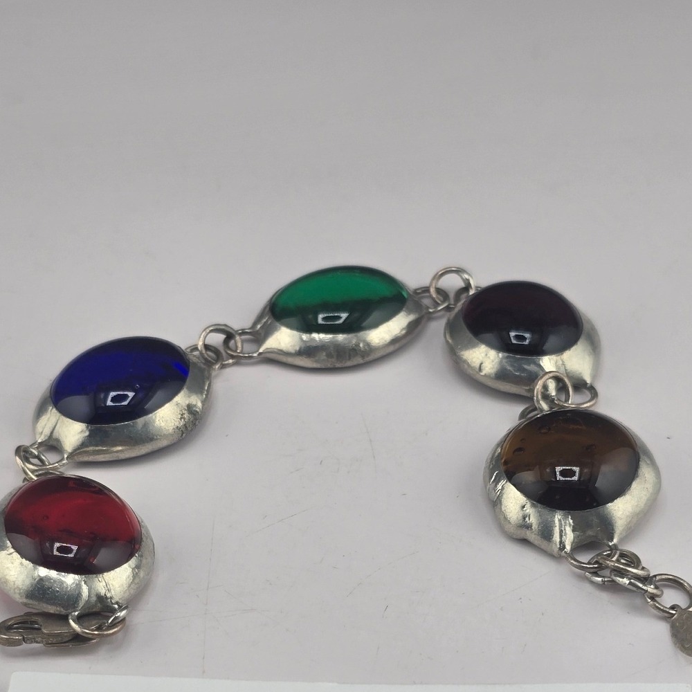 Signed SG  Estate Link Bracelet Multi-Color Cabochon Sterling Silver 7.5in